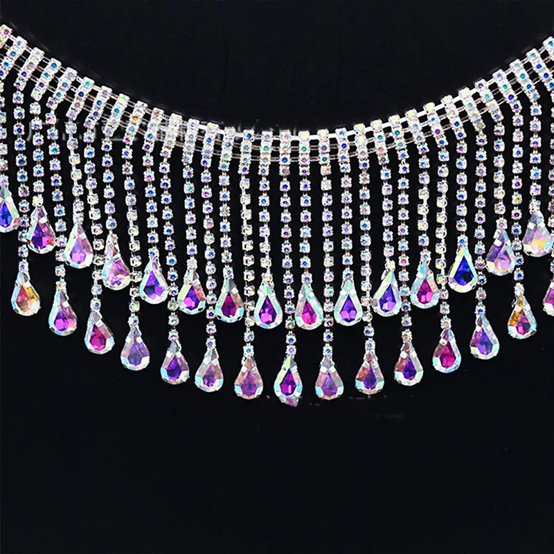 

1 Yard Handmade Tassel Trim Sewn Bridal Crystal Clear Rhinestone Applique Chain for Wedding Dress Belt Dance Outfit DIY