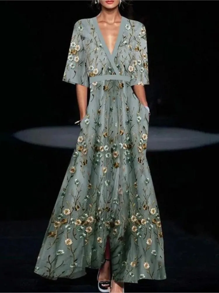 لطيفة المرأة 2025 الربيع الخامس الرقبة مربوط حفلة فستان طويل مثير الطباعة ألف خط بوهو فستان الصيف قصيرة الأكمام جيب ماكسي فساتين