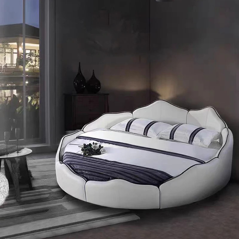 

High End Designer Double Bed European Headrest Loft Round Modern Double Bed Queen Floor Sleeping Letto Matrimoniale Furniture