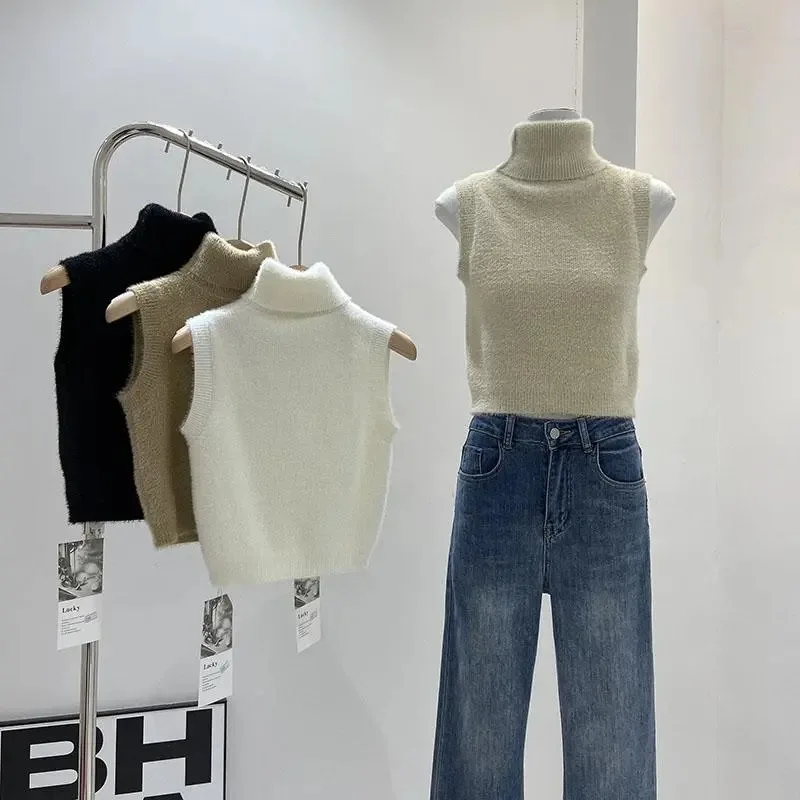 เสื้อกั๊กไหมพรมคอเต่าแบบไม่มีแขนสำหรับผู้หญิง ฤดูหนาว 2025 รุ่นใหม่ สไตล์หวานซ่อนเปรี้ยว