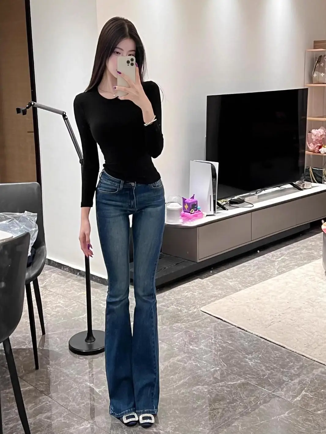 

Spring 2026 Women's Slim Fit Blue Jeans High Waist Long Pants Korean Style Fashionable Bell Bottoms Leg Lengthening