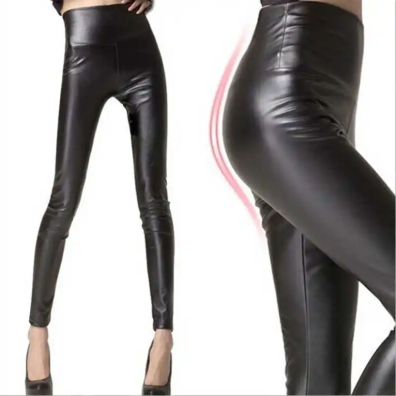 

Thin Leather Pants Tight Leggings Casual Elastic Waist Long Trousers Nylon Cotton Blend Print Design Butt Lifting Function