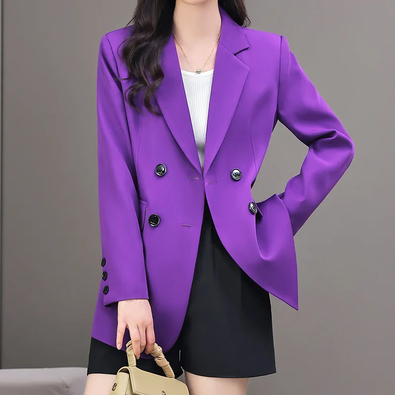 Autunno viola giallo Blazer cappotto donna moda ufficio signore vestito giacca manica lunga doppio petto Blazer capispalla femminile