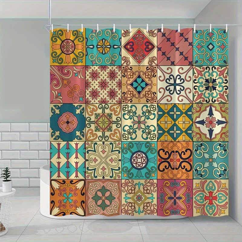 1pc boho patchwork print shower curtain, waterproof shower curtain with hooks, wall decoration pendant, bathtub partition, bathr