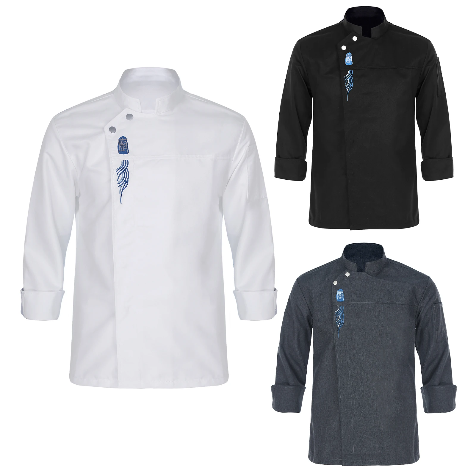 Unisex Mens Womens Embroidered Chef Jacket Stand Collar Long Sleeve Chef Coat Restaurant Kitchen Catering Hotel Uniform Top