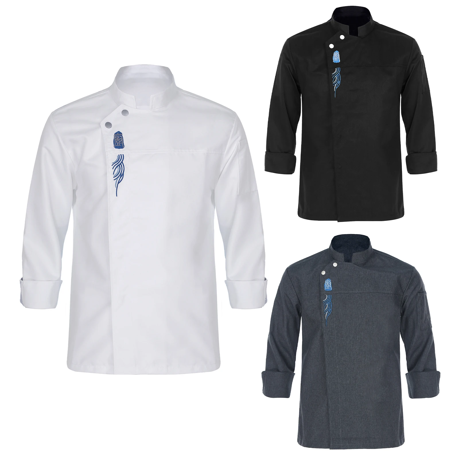 Casaco Chef Unisex Bordado com Gola Stand, Casaco Manga Comprida, Restaurante, Cozinha, Restauração, Hotel, Uniforme, Top