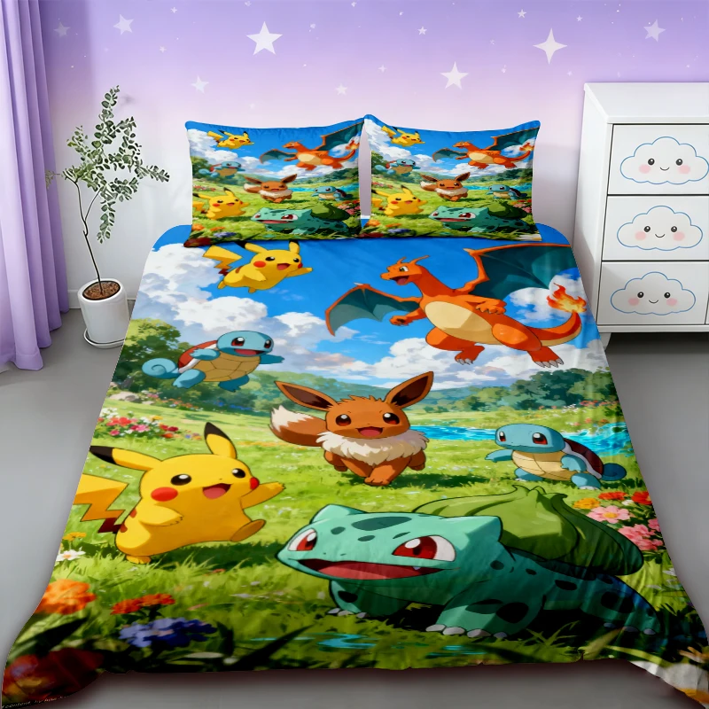

Pikachu 3pcs Duvet Cover Cute Pokemon Bedding Set Quilt Covers Comforter Cover Queen King Size for Teens Bedroom Bed Decor