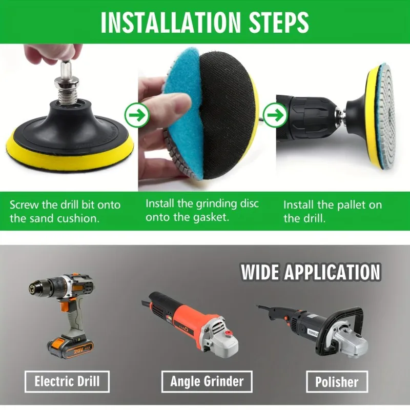 ​ ​ Kit di tamponi diamantati per lucidatura da 12 pezzi da 4 pollici (100 mm) a umido/secco per pietra di marmo, cemento, granito, con cuscinetto di supporto da 5/8"-11 ​