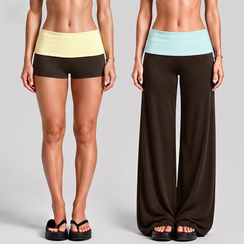 Women Color Block Fold Over High Waist Yoga Pants Slim Slightly Flared Wide Straight Leg Trousers Fitness Yoga Outdoor Sports