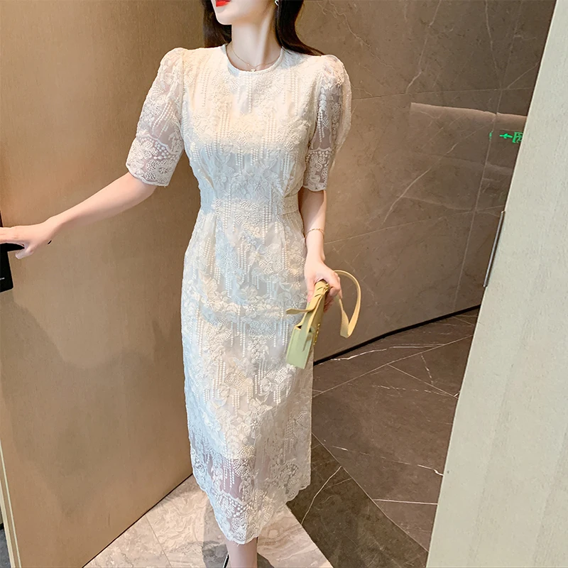 French Lace Midi Dresses for Women 2023 Summer New Elegant Party Female Clothes Sweet Vintage Short Sleeves Korean Evening Dress