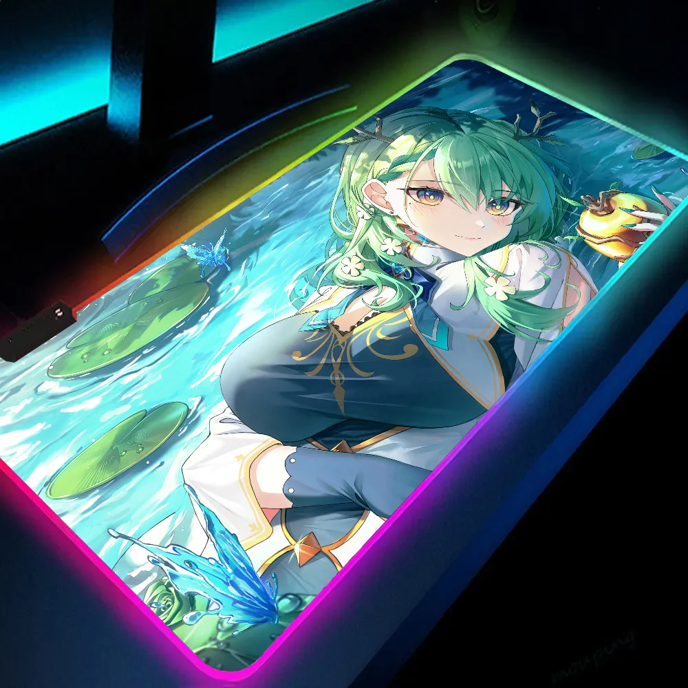 1pc Ceres Fauna Hololive Girl XXL RGB Gaming Mouse Pads HD Black Gamer Accessories Large LED