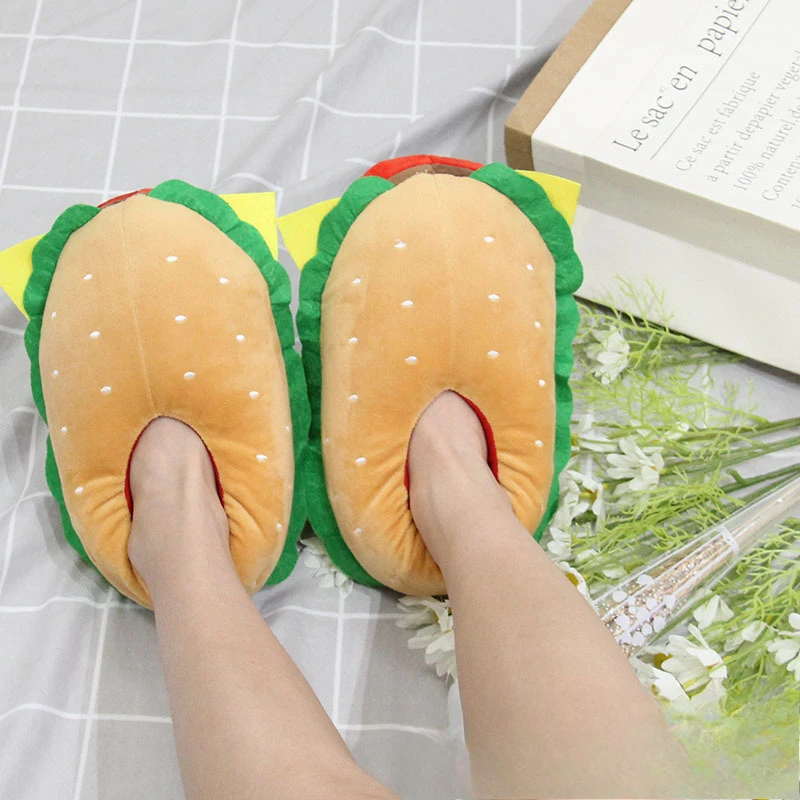 Hot Selling Creative Trendy One Size Fits 28cm All Burger Plush Cotton Shoes Slippers Couple Home Warm Cotton Tower Slippers Men