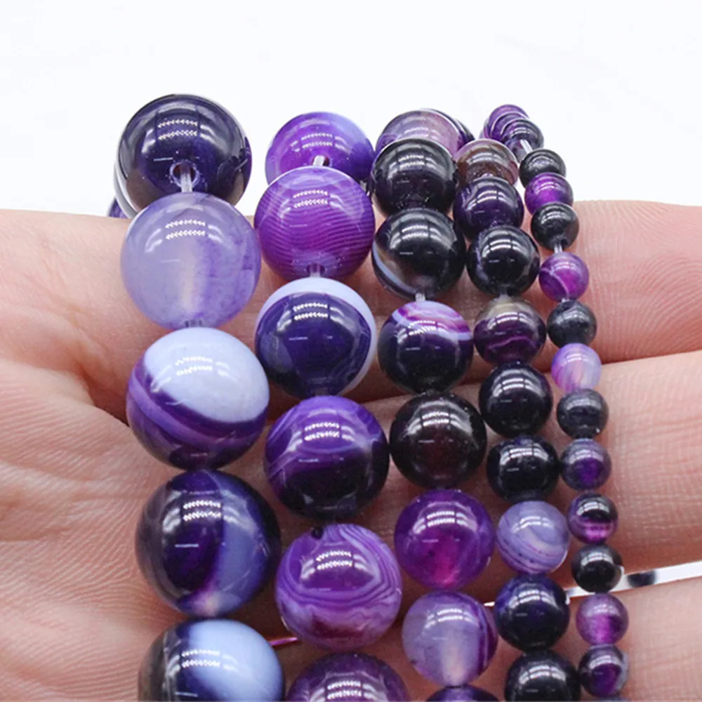 Natural Stone Purple Striped Agate Loose Bead For Jewelry Making DIY Necklace Bracelet Crimp 4-12mm Chinoiserie Accessories