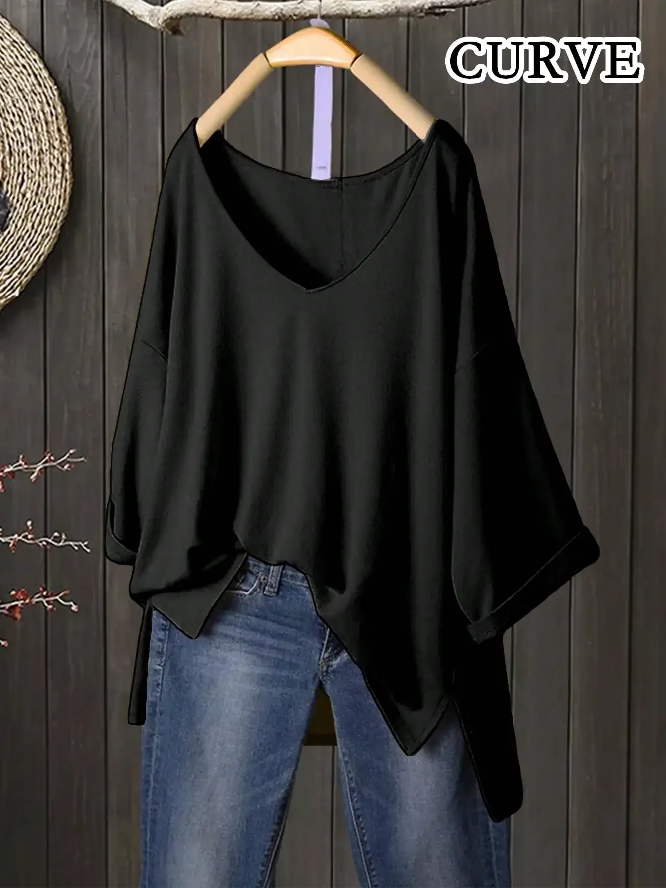 

Плюс размер 1XL-5XL, женская модная футболка с длинными рукавами и рукавами 3/4, женская повседневная однотонная свободная футболка с v-образным вырезом и разрезом, топы