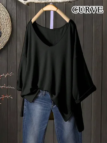 Camiseta de talla grande 1XL-5XL a la moda para mujer, camiseta de manga 3/4 para mujer, camisetas holgadas informales de Color sólido con cuello en V y abertura