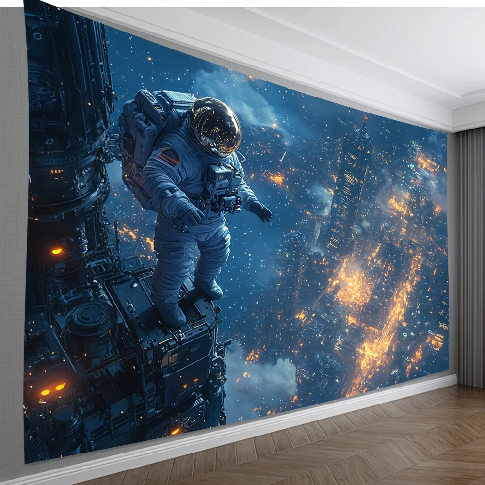 Dramatic Sci Fi Cyberpunk Astronaut Exploring Futuristic High Rise Cityscape Night Tapestry Wall Art Poster Decor 180x280cm