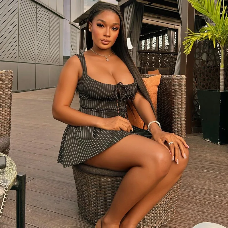 Women's Stripes Print Halter Lace-Up Chest Wrapped Sleeveless Short Tops & Waistband Mini Skirt, 2 Piece Set