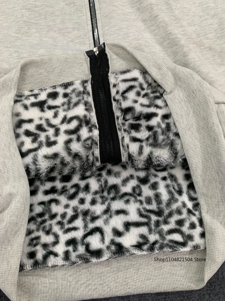 

High Street Gothic Zipper Hoodie Women Y2k Harajuku Leopard Print Plush Retro Casual Streetwear Hip Hop Trendy Warm Jacket Women