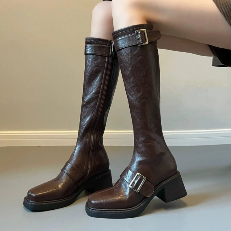 Woman Boots Knee High Platform Chunky Heels Trend Punk Gothic New Rock Leather Fashion Women's Shoes Motorcycle Footwear Q221