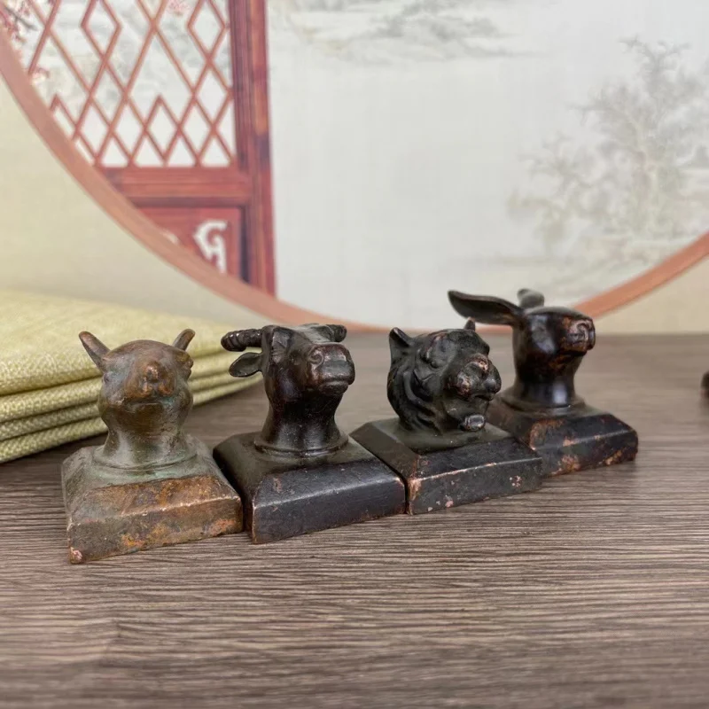 Antique Zodiac Animal Head Seal Ornaments: Rat, Ox, Tiger, Rabbit, Dragon, Snake, Horse, Sheep, Monkey, Chicken, Dog, Pig - A Se