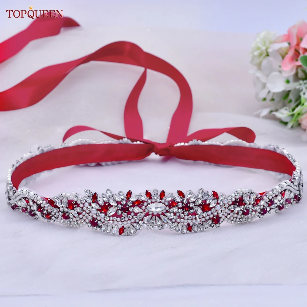 TOPQUEEN S82 Bridal Ruby Decorative Belt for Wedding Evening Dress Accessories Female Woman Fashion Belts Silver Rhinestones