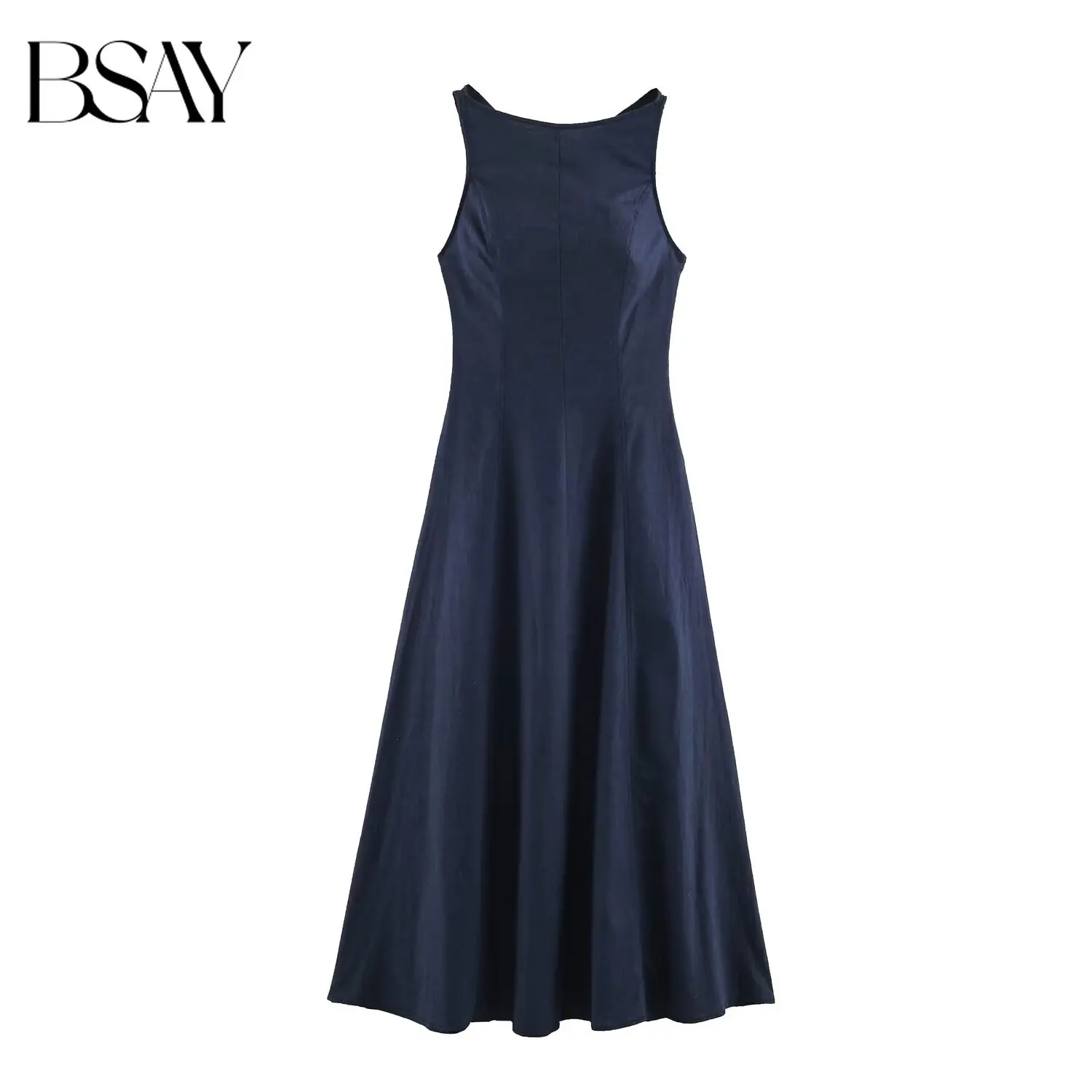 BSAY Women Sleeveless Tank Midi Dress Round Neck Fit And Flare Line Long Dress Solid Navy Elegant Office Commuter Casual Dresses