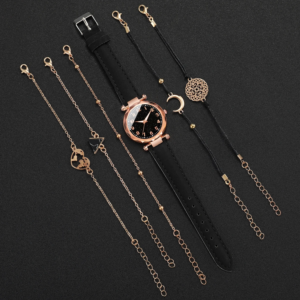 6 stks/set damesmode horloge ronde Arabische cijfers wijzerplaat lederen band quartz horloge met zwarte driehoekige armband