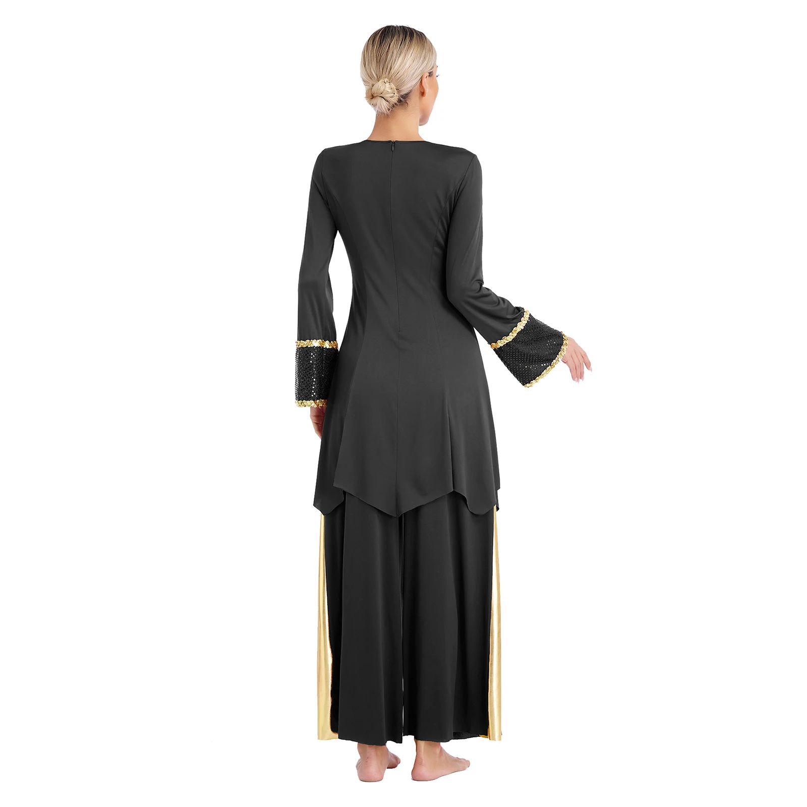 Womens Liturgical Praise Dance Costume Outfit Ballroom Modern Dancewear Shiny Worship Tunic Split Hem Dress with Wide-Leg Pants