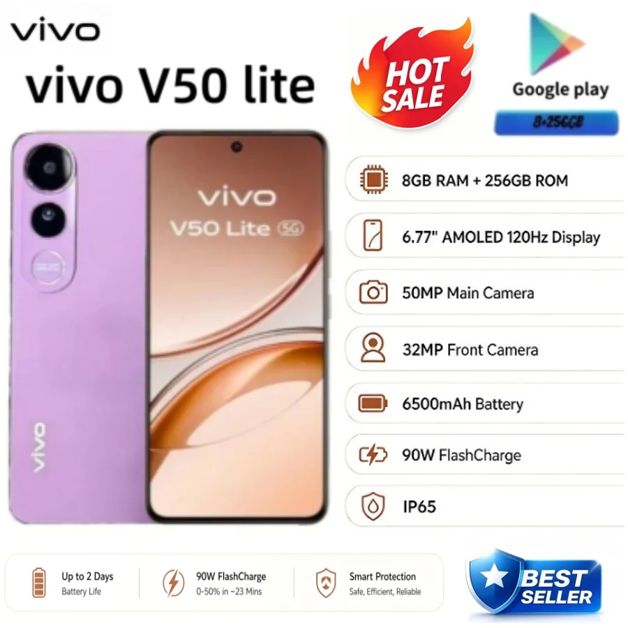 New Arrival 2026 Original VIVO V50 Lite Android Smartphone 8+256GB Memory 6.58 Inch Full‑View Screen Dual 64MP Rear Camera