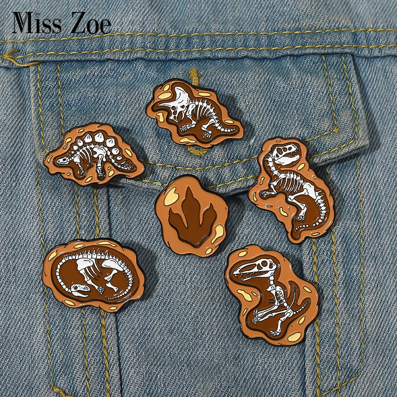 Dino Fossil Enamel Pins Custom Dinosaurs Brooches Lapel Badges Jurassic Animal Skeletons Jewelry Gift for Kids Friends