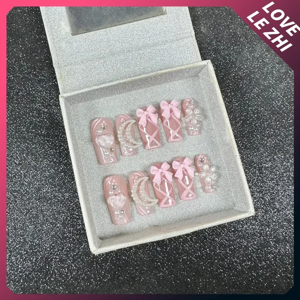 

10Pcs Handmade Wearable Press On Nails Pink Purple Decorates The Nails Artistic Simply Bow Tie Stars Full Cover Finger Tips