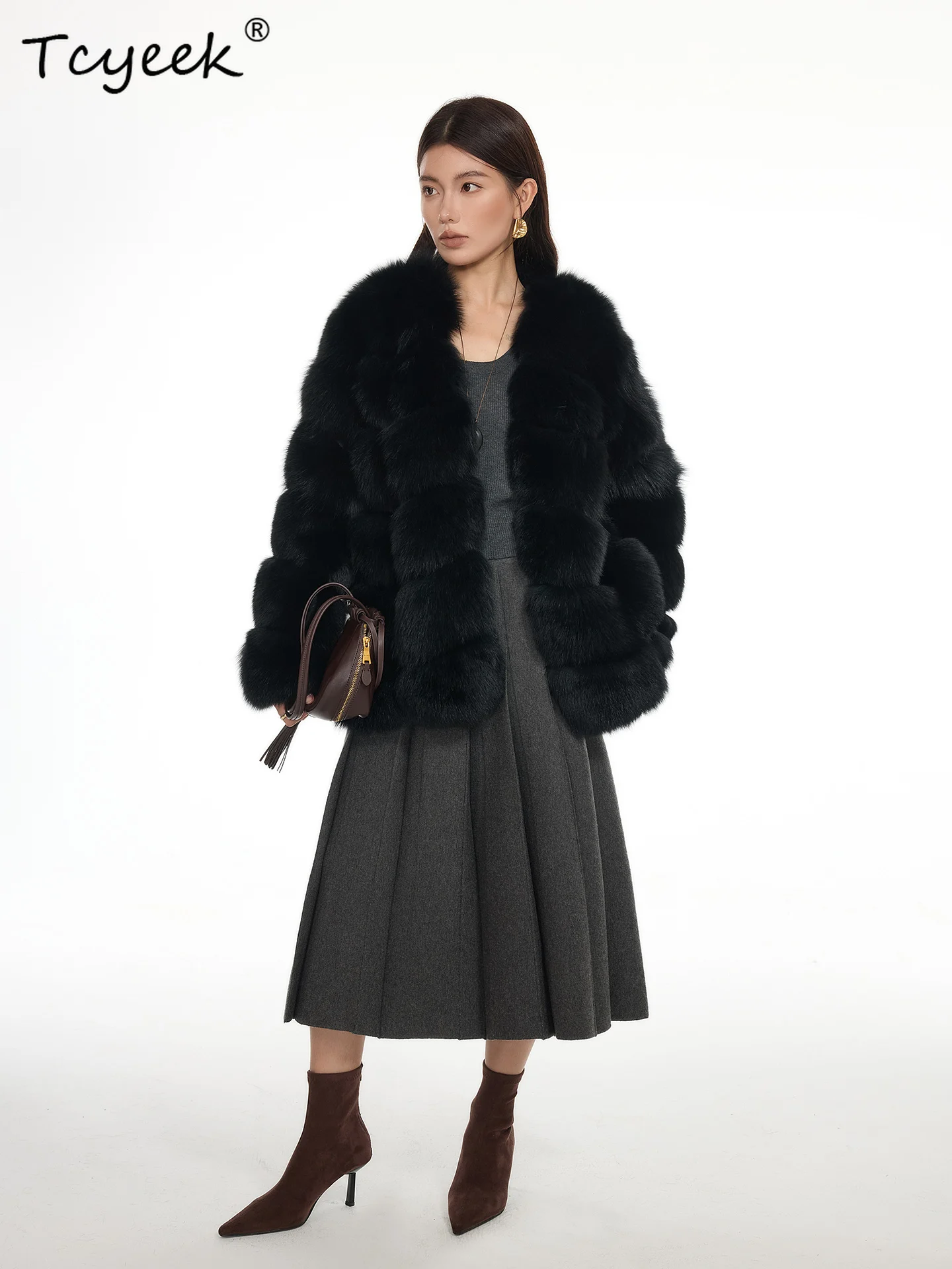 Tcyeek Wool Autumn Winter High End Trendy V-neck Black Fox Fur Medium Long Women's Wool Shearling Fur Coat Fourrures Femme