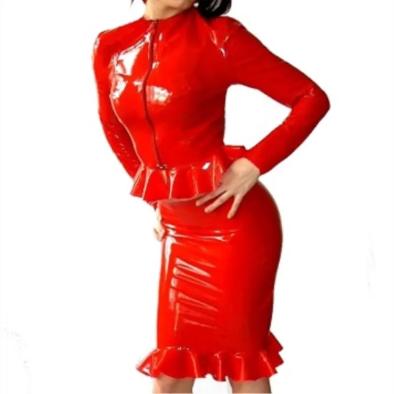 

Latex Natural 100% Rubber Sexy Woman Dress Red Ruffle Suit Tops and Mini Unisex Cosplay Customize Size XXS-XXL