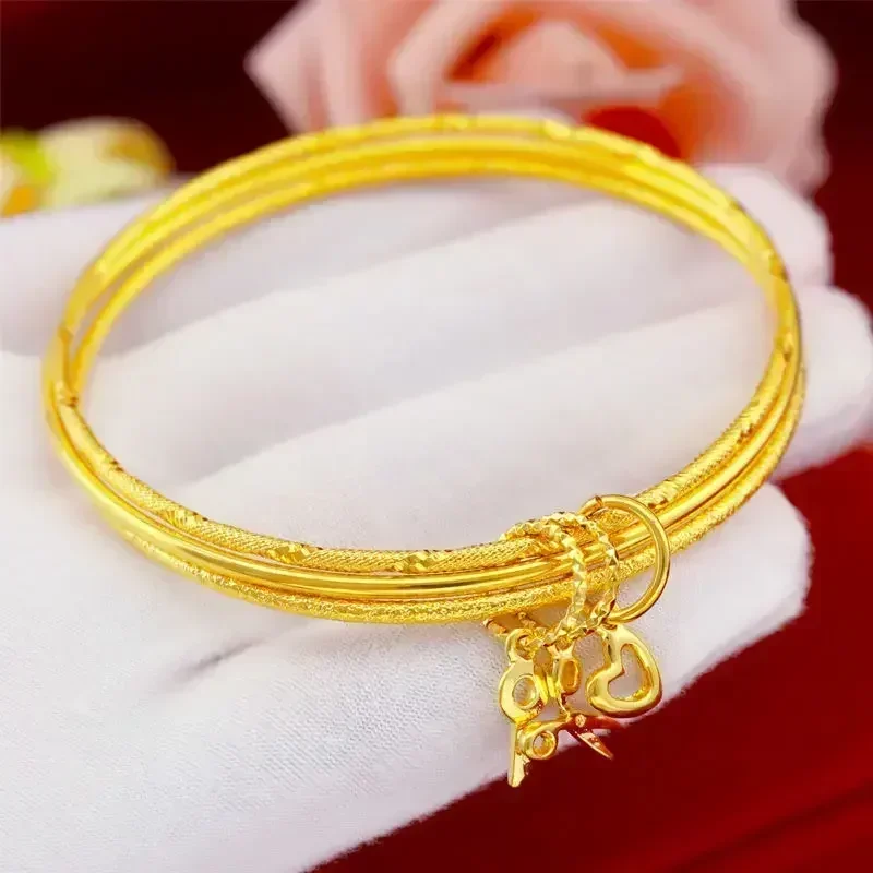 24k Real Gold Love Key Pendant Bracelet,  Gold Three-circle Wristband Bracelet for Girlfriend Birthday Gifts