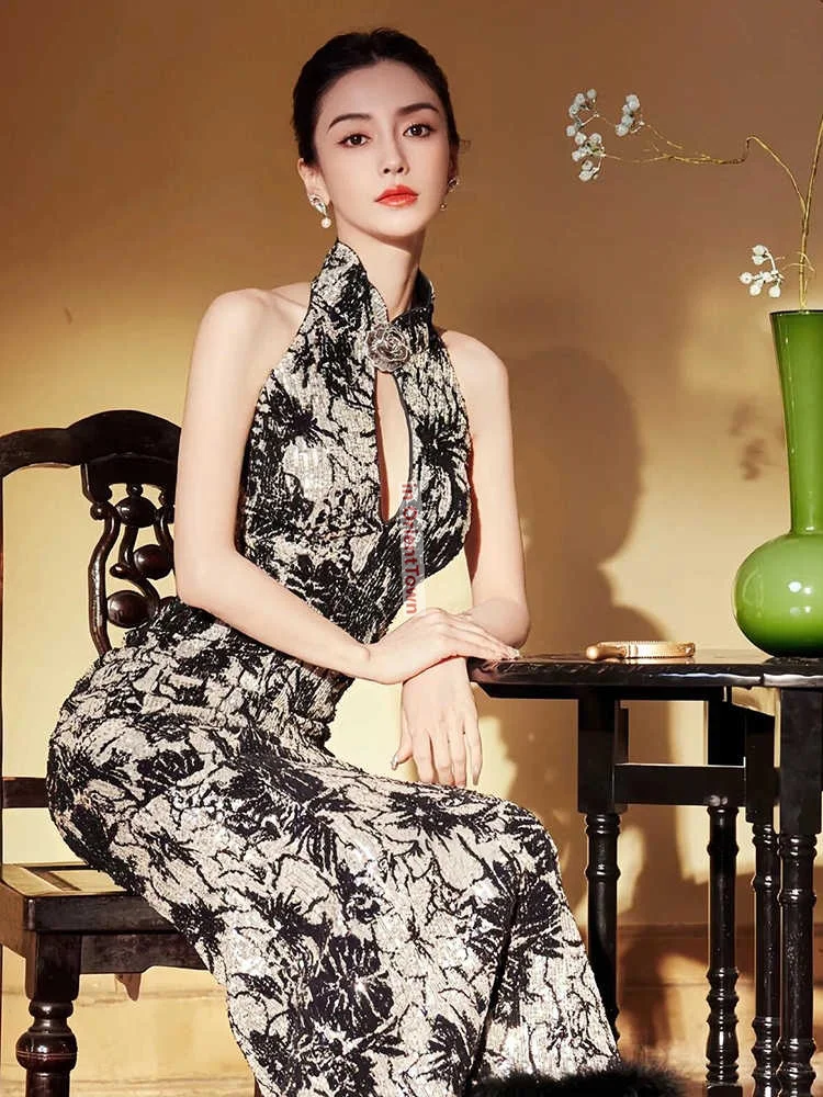향상된 치파오 저녁 복장 중국 스타일 매달려 목 아침 가운 신부의 물고기 꼬리 복고풍 올드 상하이 블랙 드레스 TP062