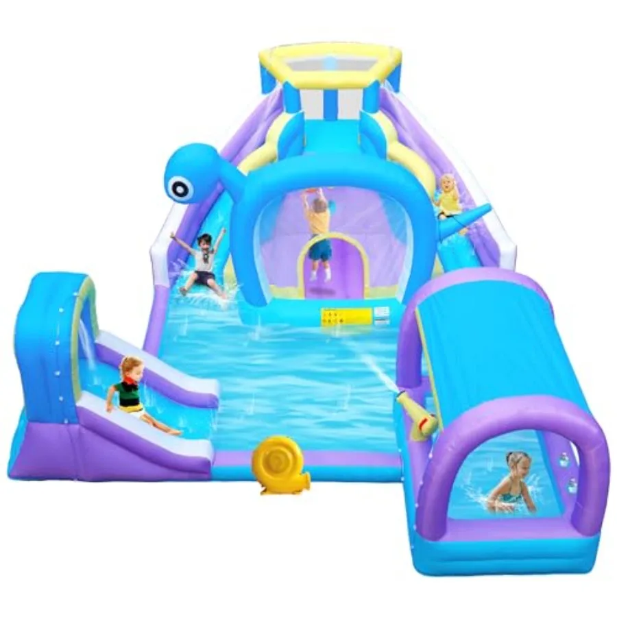 

Inflatable Water Slide Park Bounce House for 5 with Blower 2 Splash Pools Climbing Wall Water Cannon Ringtoss 206 x 191 x 79 in