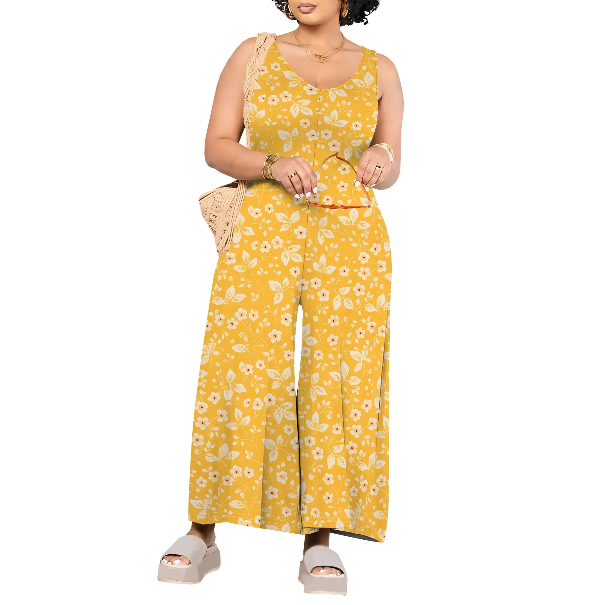 ผู้หญิงJumpsuits Overallsขากว้างสบายๆ 2025 RompersแขนกุดSmocked One Pieceเอวสูงหลวมพอดีกับกระเป๋า