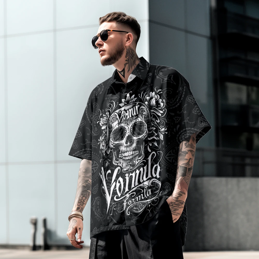 

Summer casual oversized short sleeved shirt with skull print, loose beach trendy quick drying comfortable single breasted button