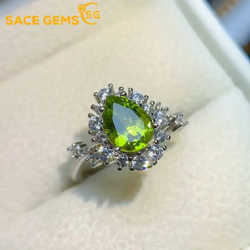

SACE GEMS Luxury 925 Sterling Silver Certified 6*8MM Natual Peridot Rings for Women Engagement Cocktail Party Fine Jewelry Gift