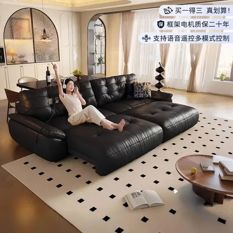 Leather electric sofa bed, Italian retro style living room study multi-functional retractable rechargeable
