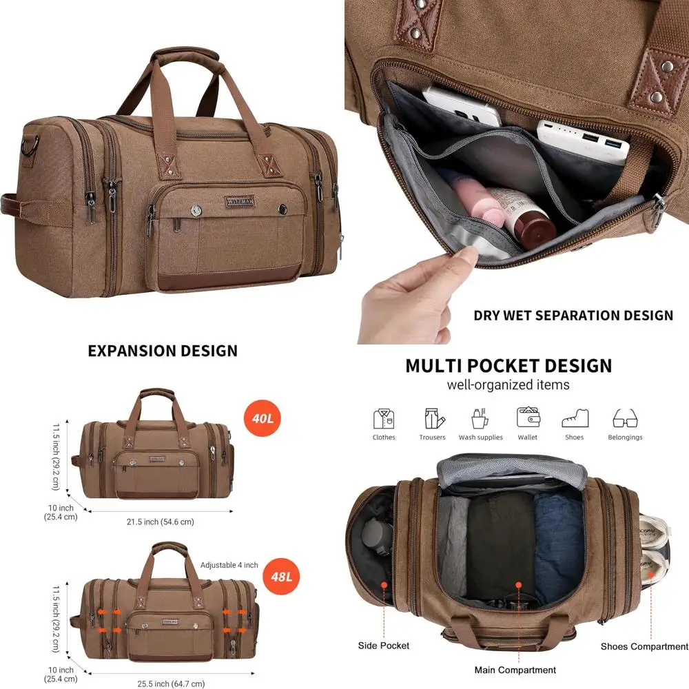 حقيبة سفر قماشية قابلة للتوسيع لعطلة نهاية الأسبوع للرجال - حقيبة حمل واق من المطر مثالية للرحلات الليلية والسفر