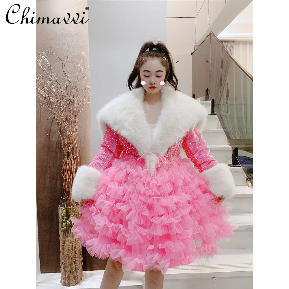 Women's Winter Cotton Jacket New Korean Fashion Sweet Big Fur Collar Fleece Lined Thick Shiny Cloud Yarn Warm Cotton Coat Top