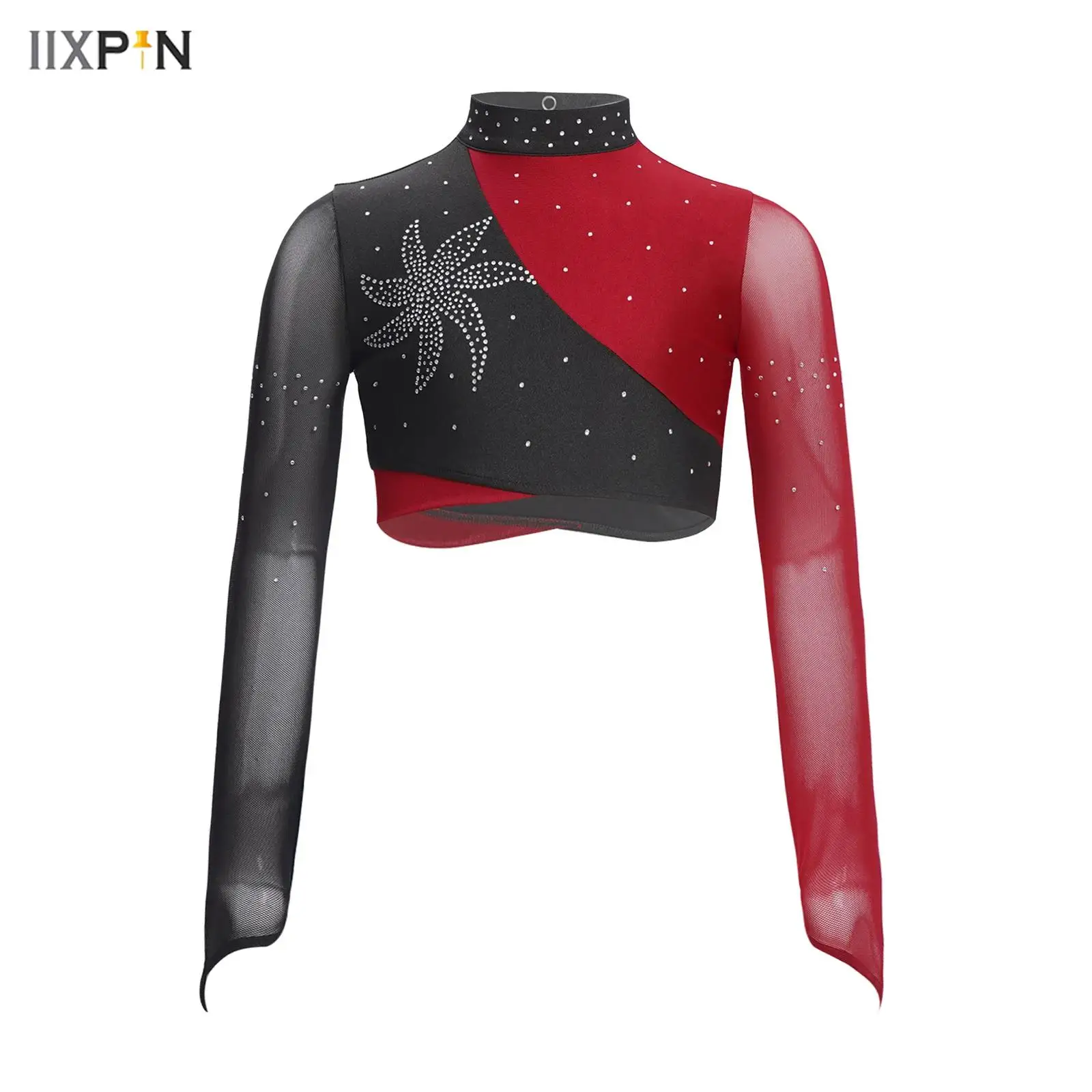 

Kids Girls Lyrical Dance Costume Sheer Mesh Long Sleeves Keyhole Back Color Block Shiny Rhinestones Crop Top