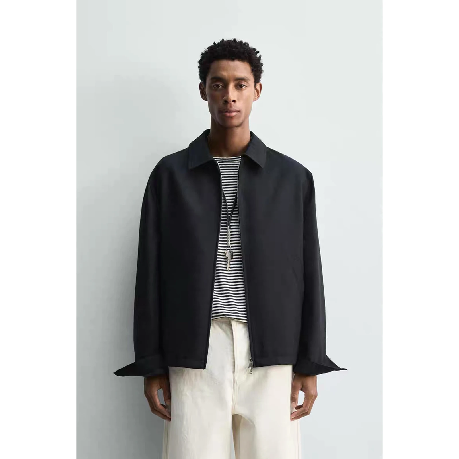 

Легкая шерстяная куртка на молнии с воротником-стойкой для мужчин, осень 2025, приталенный крой, европейский стиль, однотонная