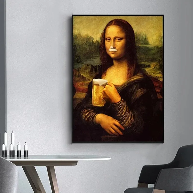 Spoof Fun Mona Lisa Drinking Beer Canvas Painting Posters and Wall Art Picture for Living Room Home Decor Wall Art Picture