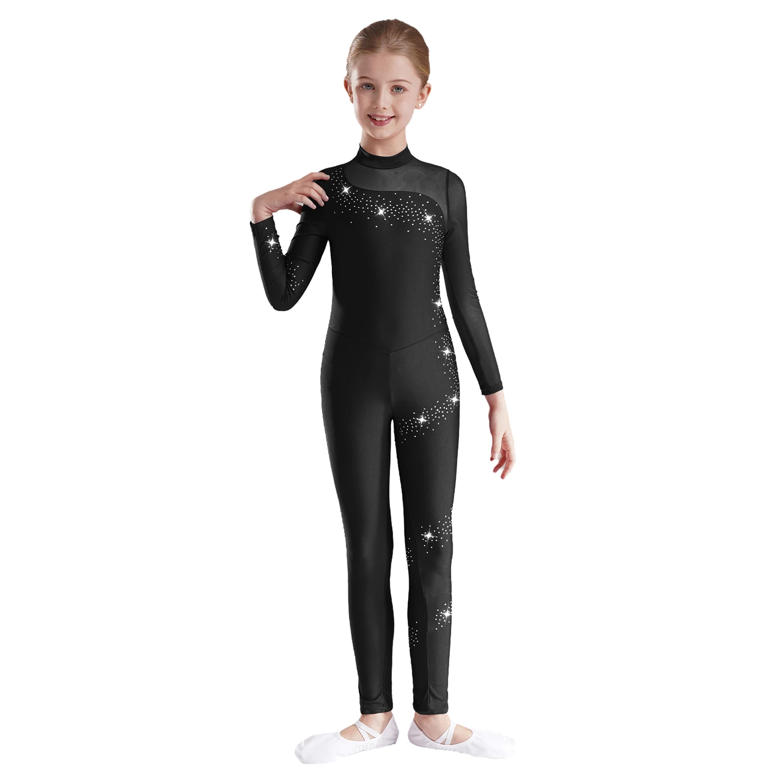 Kids Girls Figure Skating Gymnastics Leotards Dance Wear Teens Rhinestones Sheer Mesh Long Sleeve Gymnastics Jumpsuit Bodysuit