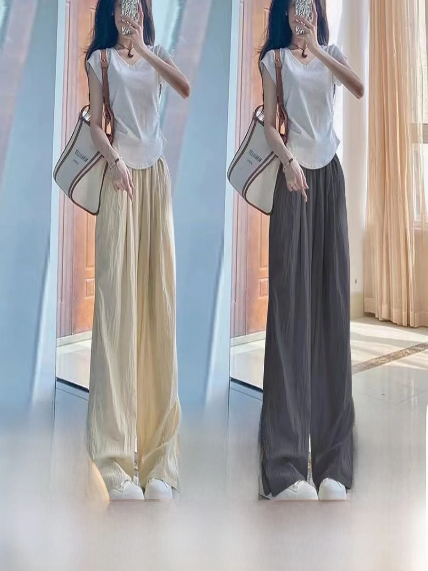 

Новые летние тонкие повседневные брюки из ледяного шелка для женщин, свободные широкие брюки Sumi Mountain с высокой талией и эластичным поясом