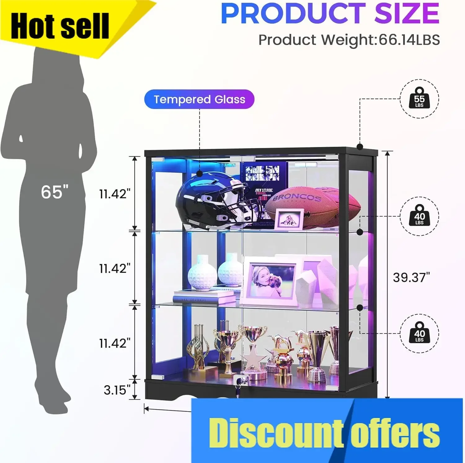 Rgb Display Cabinet Glass Doors Tall Curio Cabinet Lock Adjustable Shelves Tier Display Case Lights Collectibles Lego Figure Hel