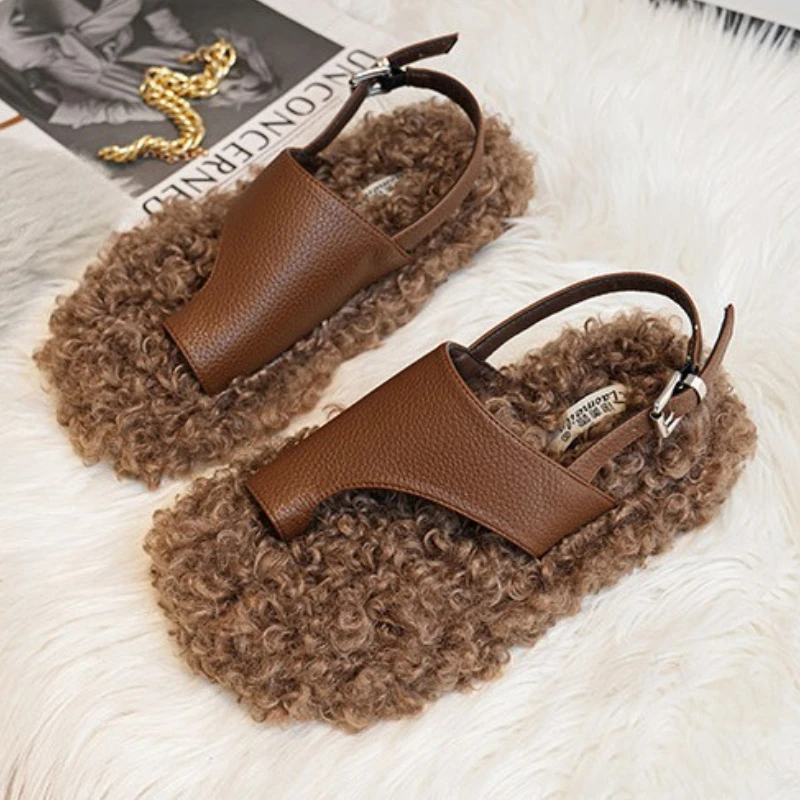 Cozy Warm Fluffy Flat Slippers Women Fashion Clip Toe Back Strap Buckle Designer Shoes 42 Plus Size Flip Flops Zapatos De Mujer