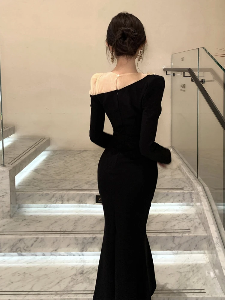 レトロな3D花柄ブラックロングスリーブドレス、セクシーなシースルーメッシュスプライス、スリムフィットボディコン、マーメイドヘムドレス、パーティー、プロム、ベスティド、ローブ、ガウン